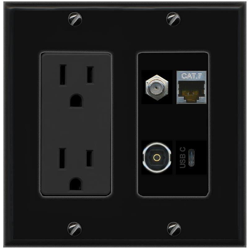 RiteAV CAT7 COAX TOSLINK USBC Wall Plate with 15A Power Outlet [Black]