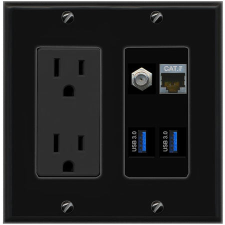 RiteAV CAT7 COAX 2 USB-3 Wall Plate with 15A Power Outlet [Black]