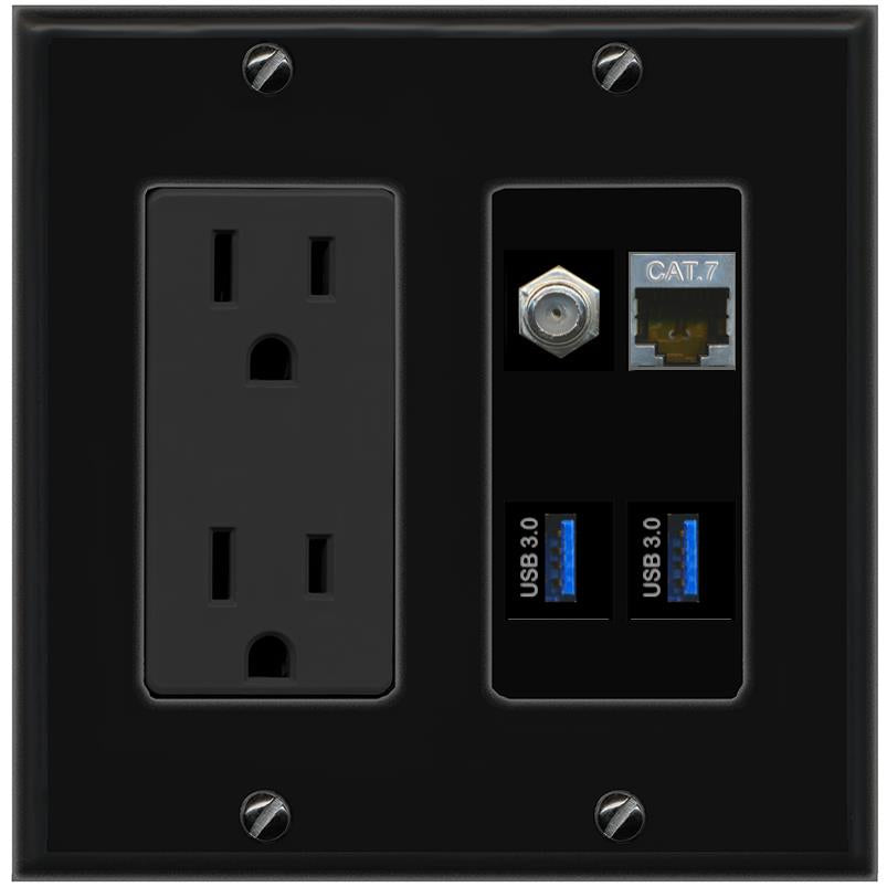 RiteAV CAT7 COAX 2 USB-3 Wall Plate with 15A Power Outlet [Black]
