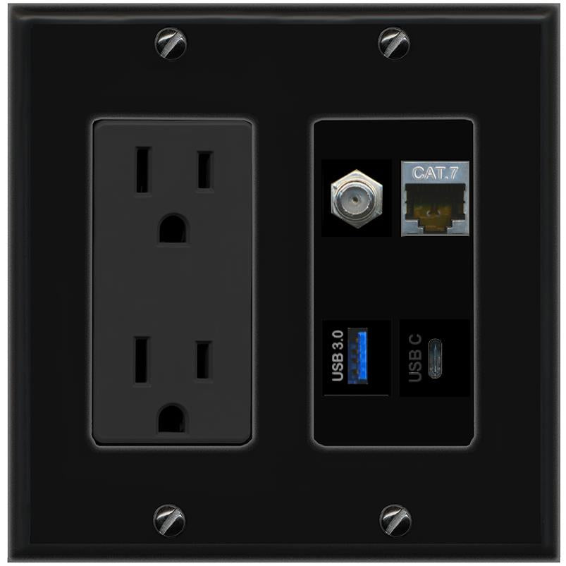 RiteAV CAT7 COAX USB-3 USBC Wall Plate with 15A Power Outlet [Black]