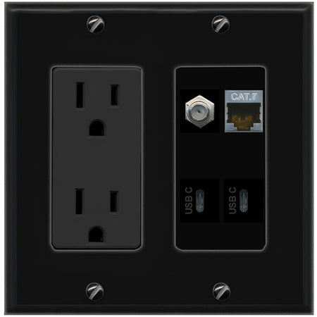 RiteAV CAT7 COAX 2 USBC Wall Plate with 15A Power Outlet [Black]
