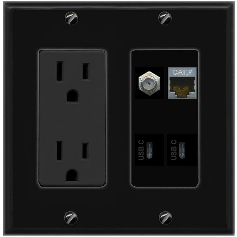 RiteAV CAT7 COAX 2 USBC Wall Plate with 15A Power Outlet [Black]