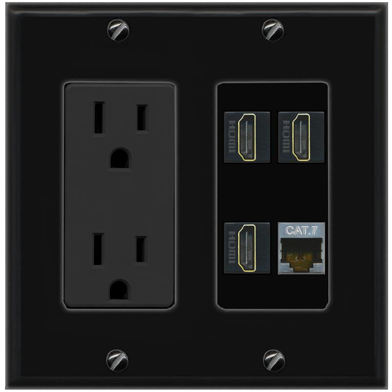 RiteAV CAT7 3 HDMI Wall Plate with 15A Power Outlet [Black]