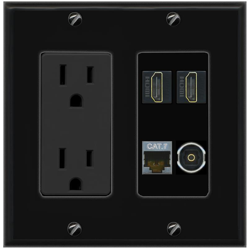 RiteAV CAT7 2 HDMI TOSLINK Wall Plate with 15A Power Outlet [Black]