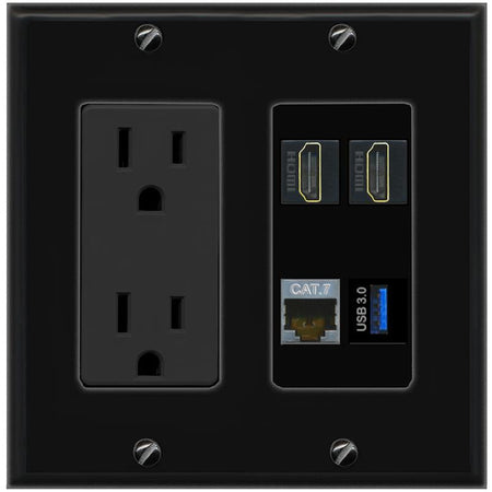 RiteAV CAT7 2 HDMI USB-3 Wall Plate with 15A Power Outlet [Black]