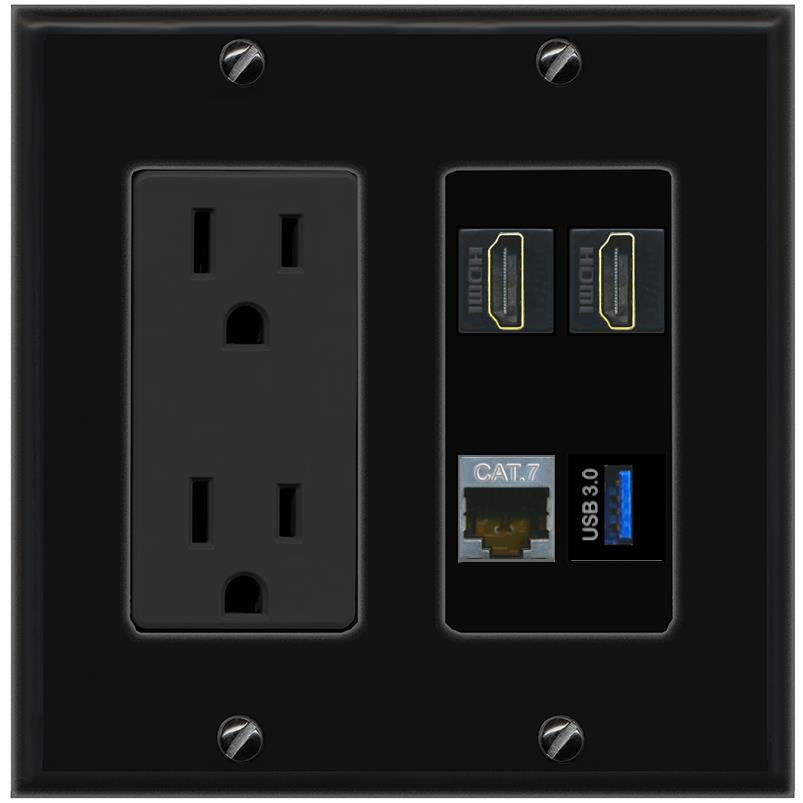 RiteAV CAT7 2 HDMI USB-3 Wall Plate with 15A Power Outlet [Black]