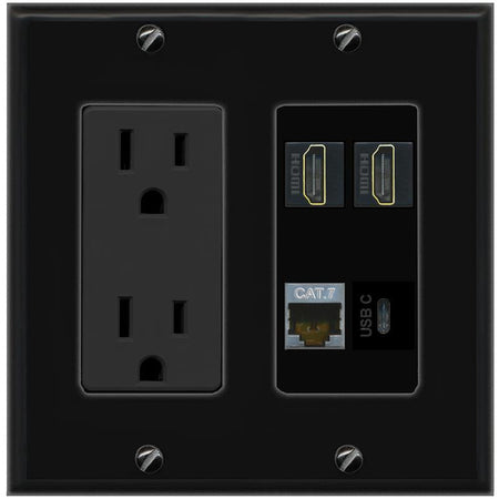 RiteAV CAT7 2 HDMI USBC Wall Plate with 15A Power Outlet [Black]