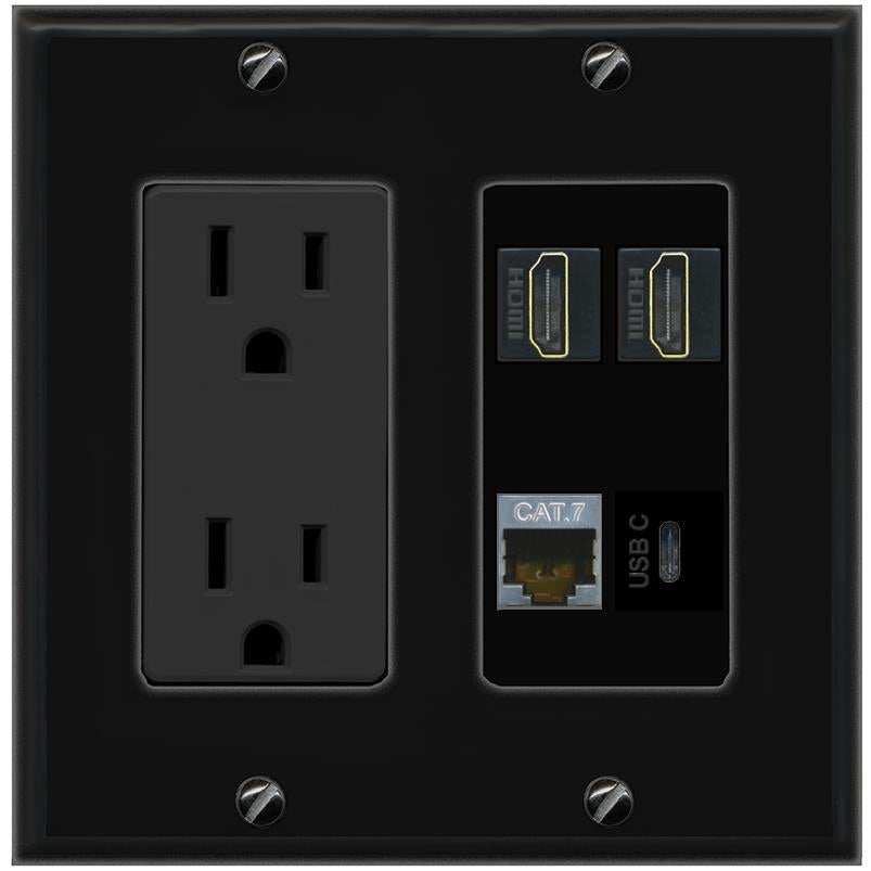 RiteAV CAT7 2 HDMI USBC Wall Plate with 15A Power Outlet [Black]