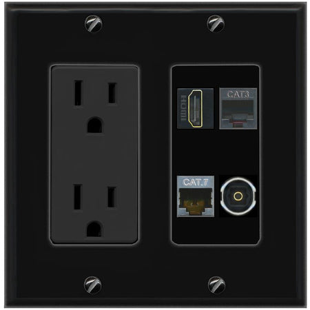 RiteAV CAT7 HDMI PHONE TOSLINK Wall Plate with 15A Power Outlet [Black]