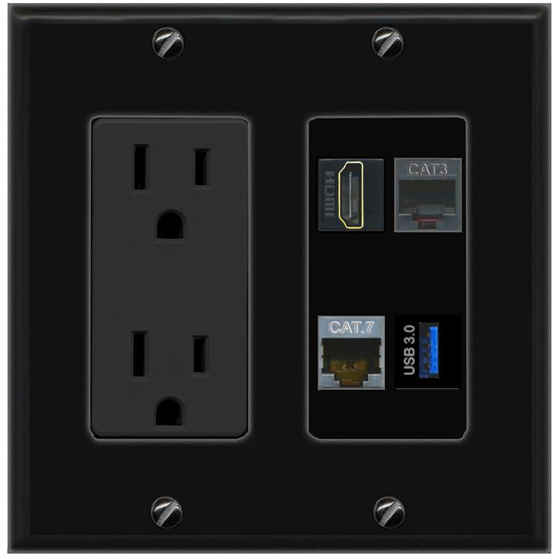 RiteAV CAT7 HDMI PHONE USB-3 Wall Plate with 15A Power Outlet [Black]