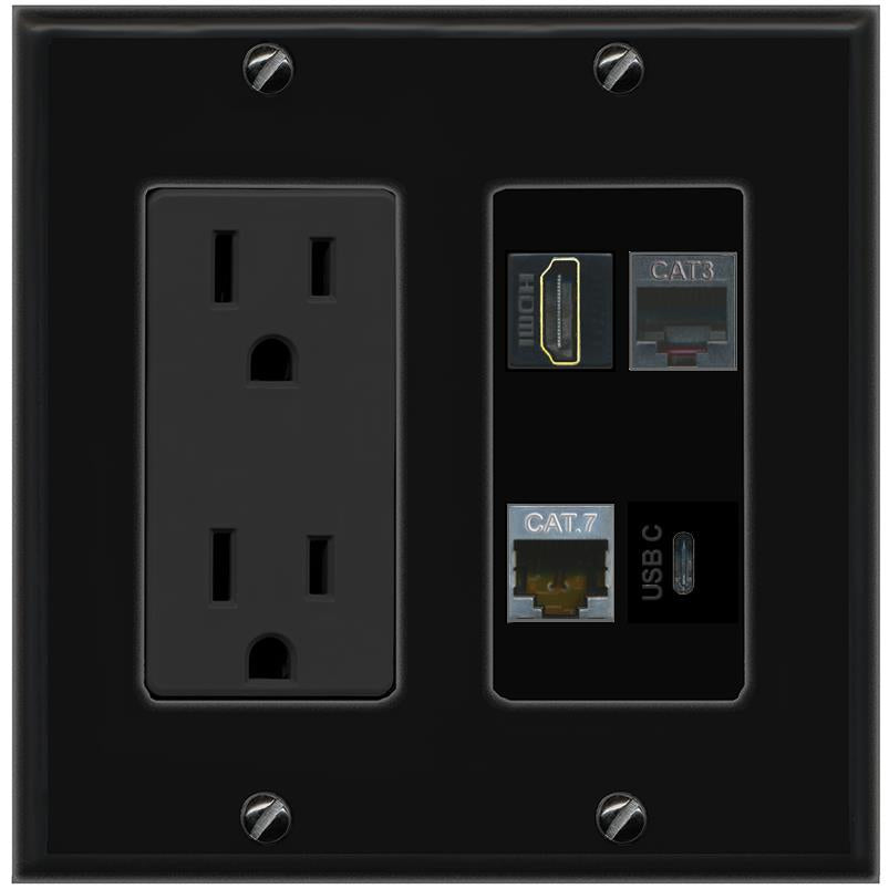 RiteAV CAT7 HDMI PHONE USBC Wall Plate with 15A Power Outlet [Black]