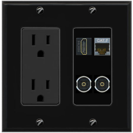 RiteAV CAT7 HDMI 2 TOSLINK Wall Plate with 15A Power Outlet [Black]