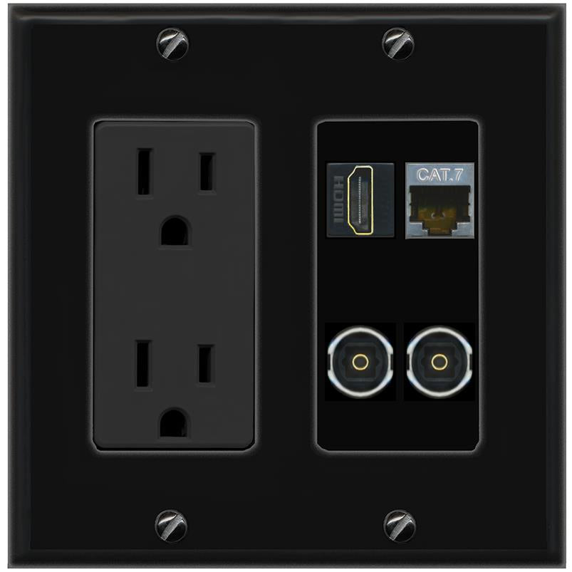 RiteAV CAT7 HDMI 2 TOSLINK Wall Plate with 15A Power Outlet [Black]
