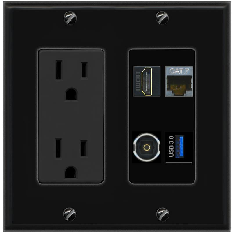 RiteAV CAT7 HDMI TOSLINK USB-3 Wall Plate with 15A Power Outlet [Black]