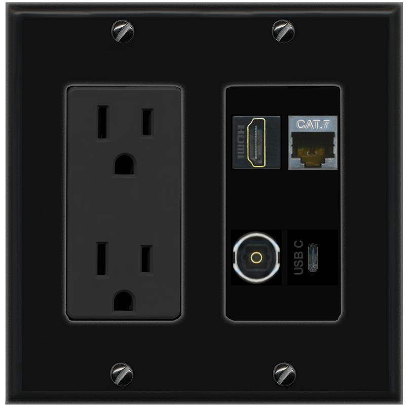 RiteAV CAT7 HDMI TOSLINK USBC Wall Plate with 15A Power Outlet [Black]