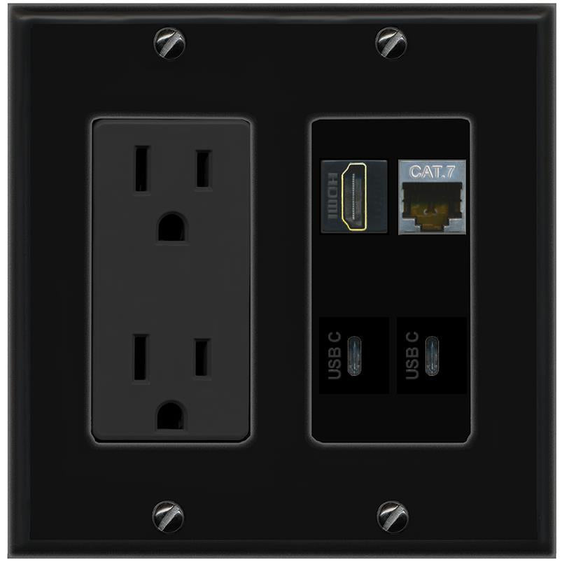 RiteAV CAT7 HDMI 2 USBC Wall Plate with 15A Power Outlet [Black]