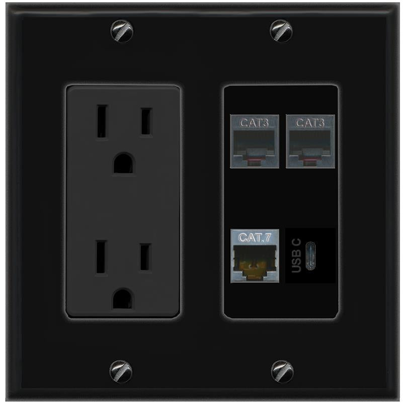 RiteAV CAT7 2 PHONE USBC Wall Plate with 15A Power Outlet [Black]