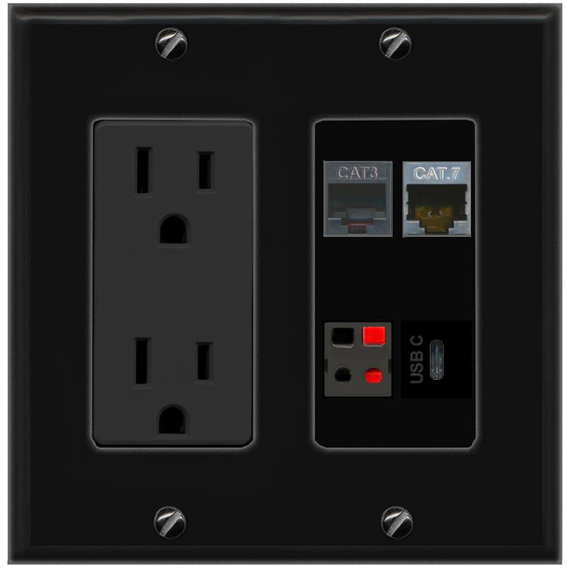 RiteAV CAT7 PHONE SPEAKER USBC Wall Plate with 15A Power Outlet [Black]