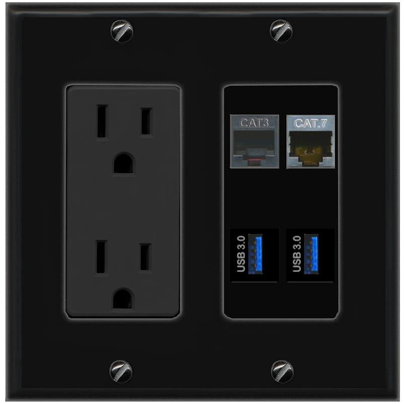 RiteAV CAT7 PHONE 2 USB-3 Wall Plate with 15A Power Outlet [Black]