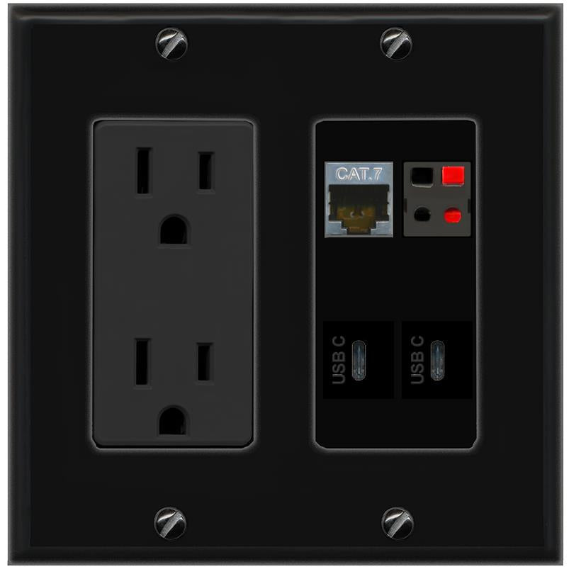 RiteAV CAT7 SPEAKER 2 USBC Wall Plate with 15A Power Outlet [Black]