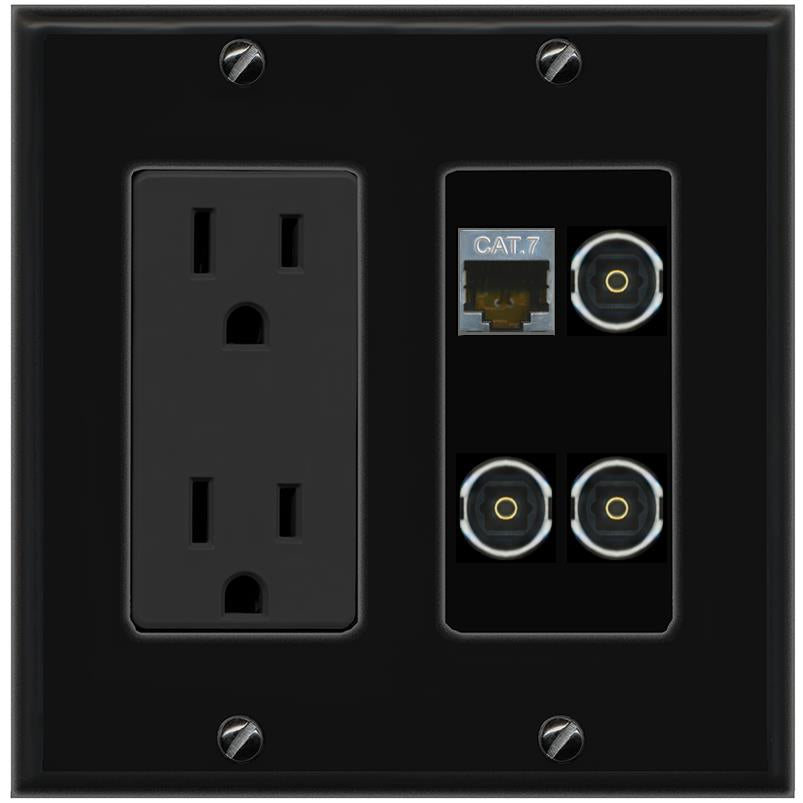 RiteAV CAT7 3 TOSLINK Wall Plate with 15A Power Outlet [Black]