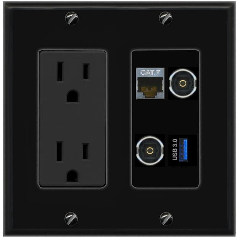 RiteAV CAT7 2 TOSLINK USB-3 Wall Plate with 15A Power Outlet [Black]