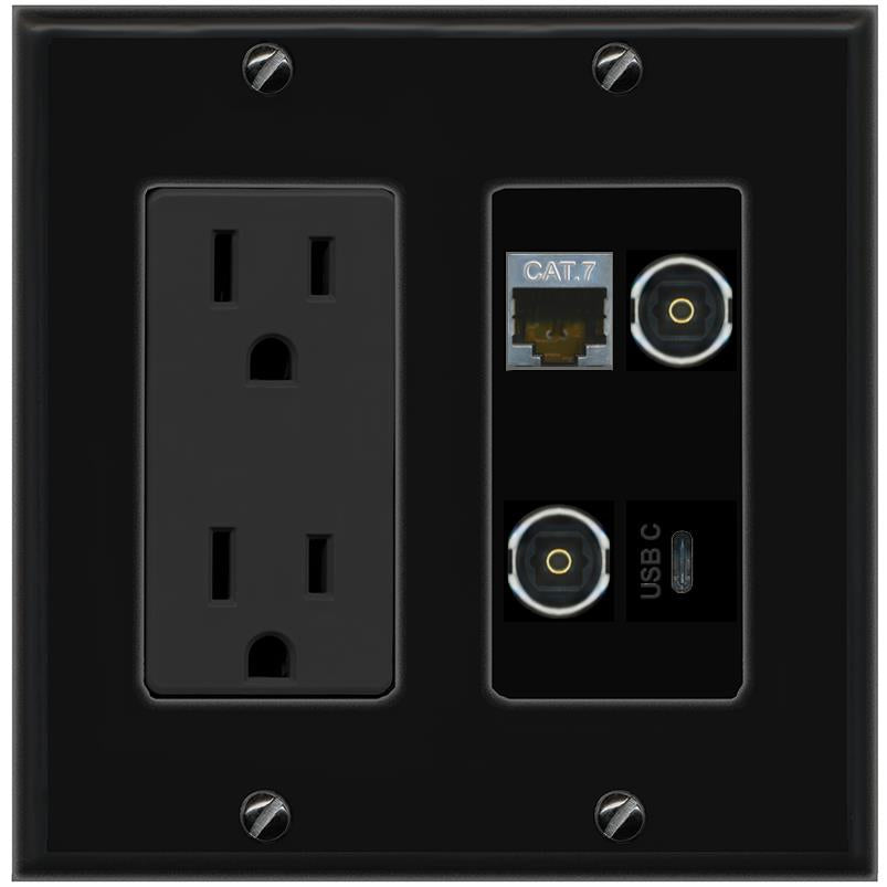 RiteAV CAT7 2 TOSLINK USBC Wall Plate with 15A Power Outlet [Black]