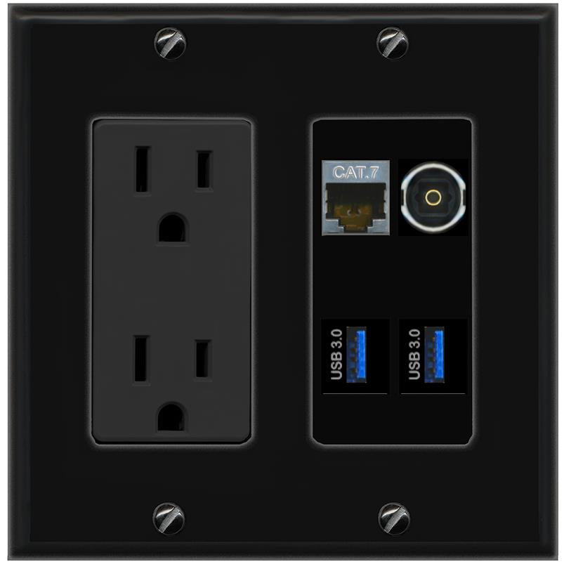 RiteAV CAT7 TOSLINK 2 USB-3 Wall Plate with 15A Power Outlet [Black]