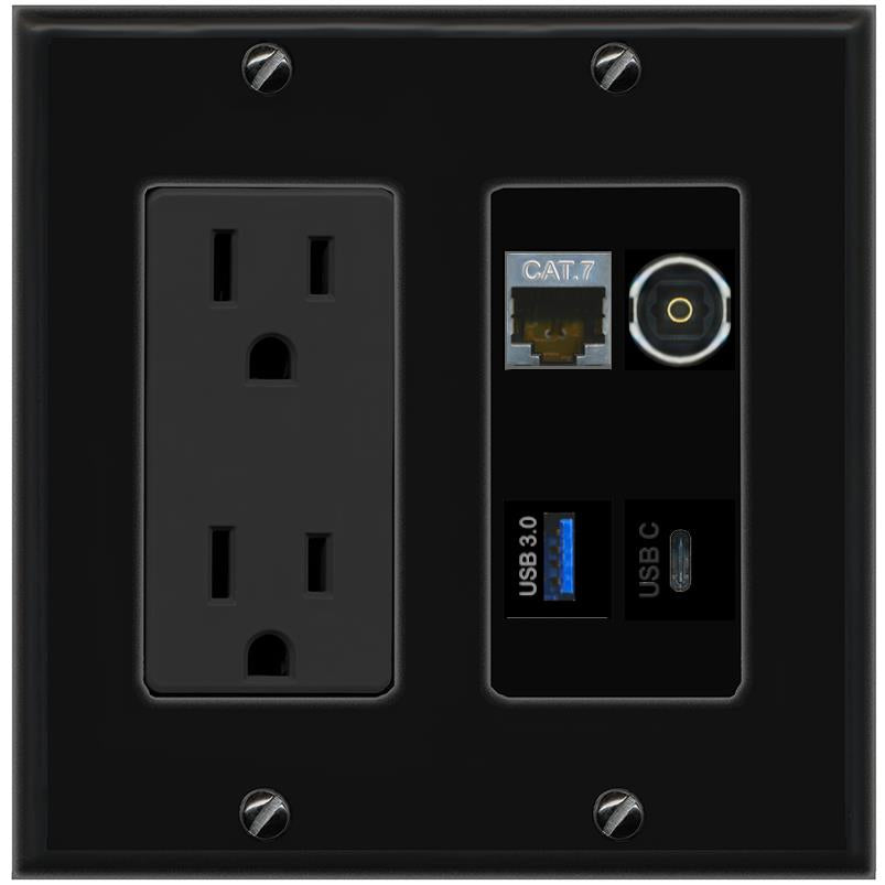 RiteAV CAT7 TOSLINK USB-3 USBC Wall Plate with 15A Power Outlet [Black]