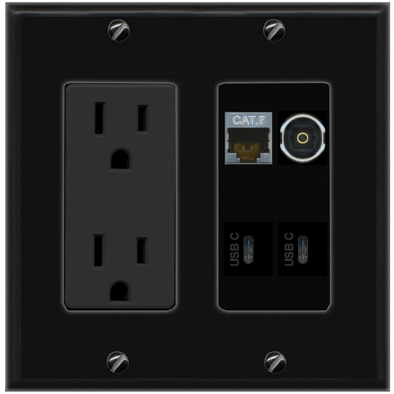 RiteAV CAT7 TOSLINK 2 USBC Wall Plate with 15A Power Outlet [Black]