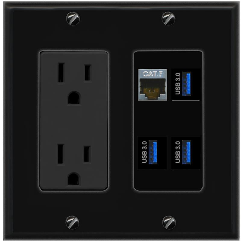 RiteAV CAT7 3 USB-3 Wall Plate with 15A Power Outlet [Black]