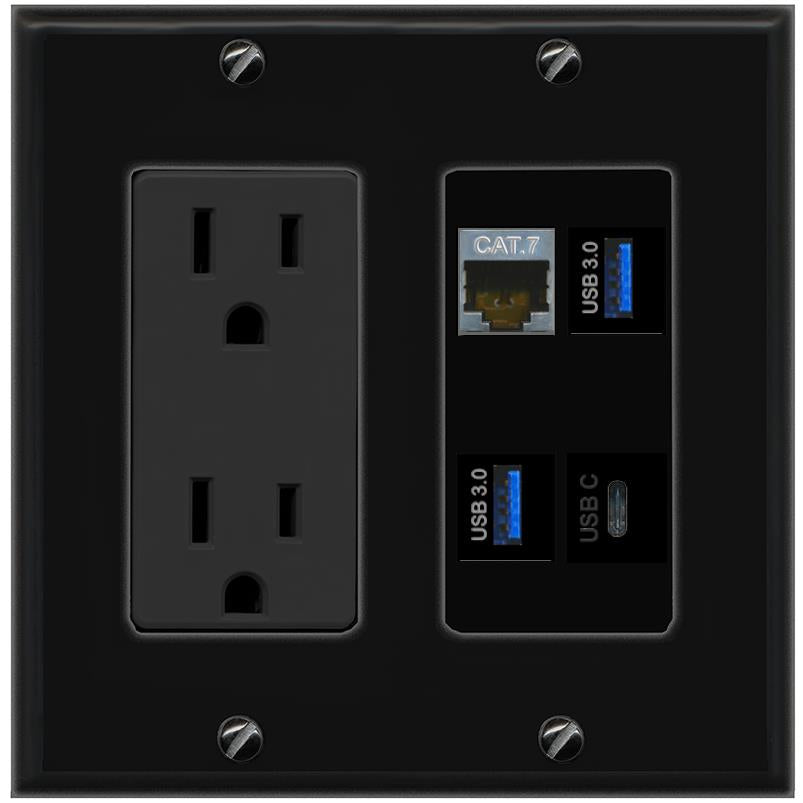 RiteAV CAT7 2 USB-3 USBC Wall Plate with 15A Power Outlet [Black]