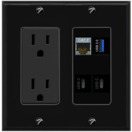 RiteAV CAT7 USB-3 2 USBC Wall Plate with 15A Power Outlet [Black]
