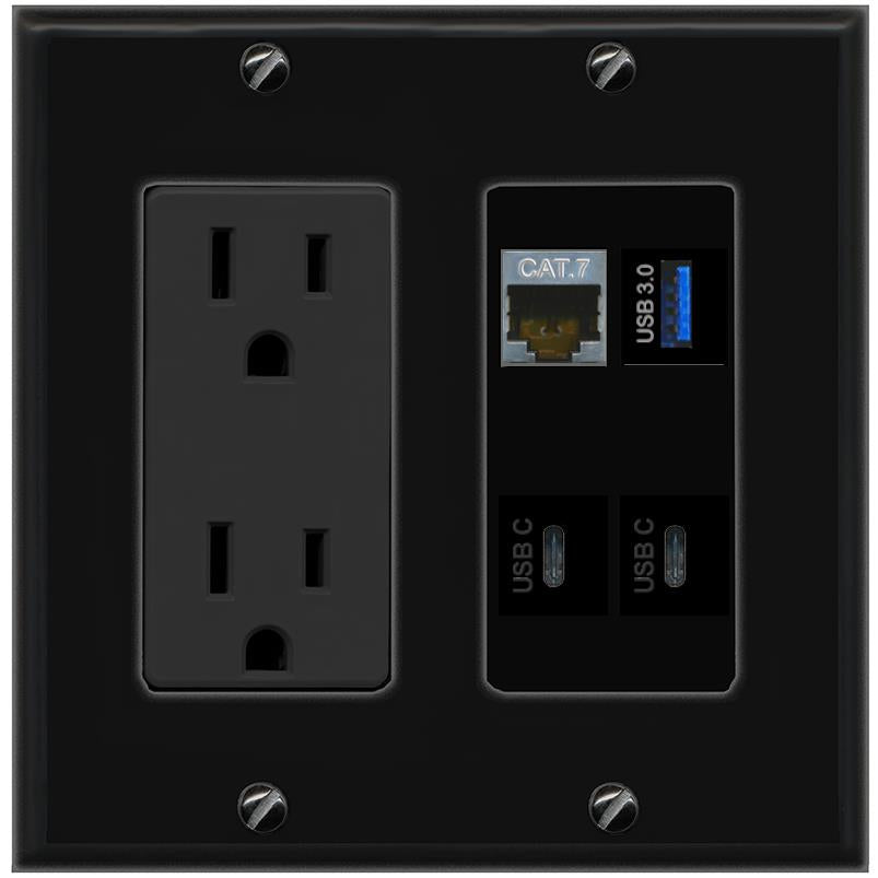 RiteAV CAT7 USB-3 2 USBC Wall Plate with 15A Power Outlet [Black]