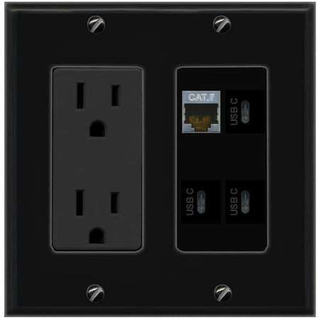 RiteAV CAT7 3 USBC Wall Plate with 15A Power Outlet [Black]