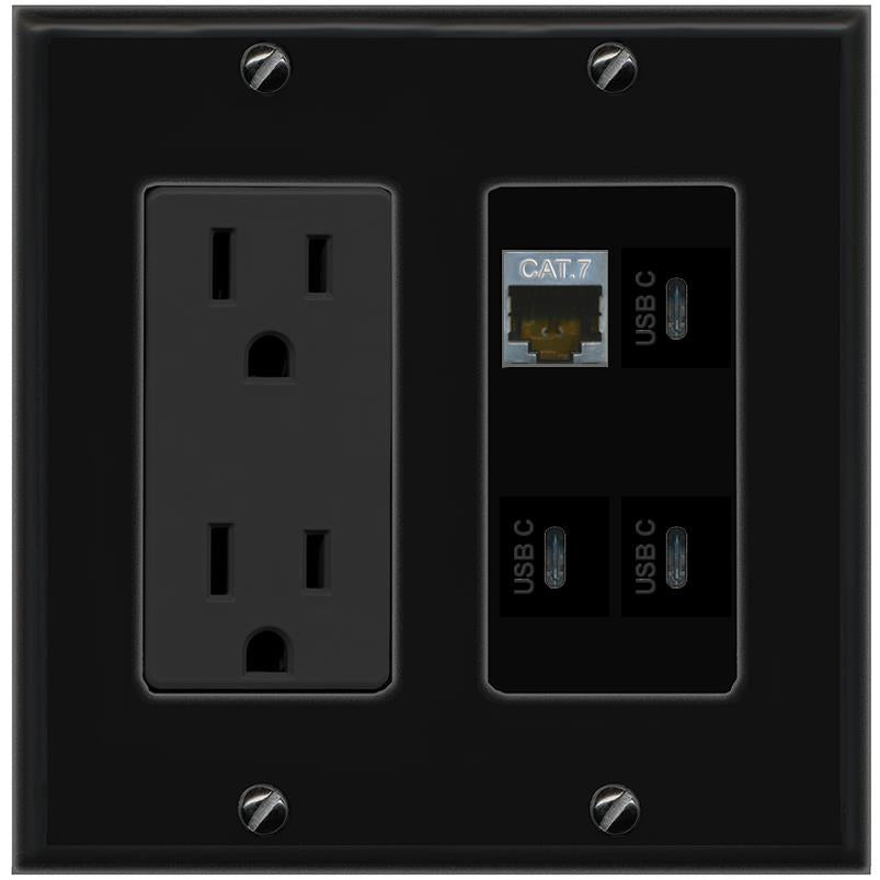 RiteAV CAT7 3 USBC Wall Plate with 15A Power Outlet [Black]