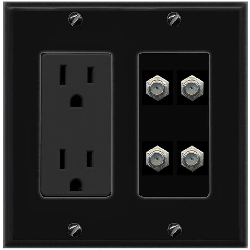 RiteAV 4 COAX Wall Plate with 15A Power Outlet [Black]