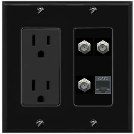 RiteAV 3 COAX PHONE Wall Plate with 15A Power Outlet [Black]