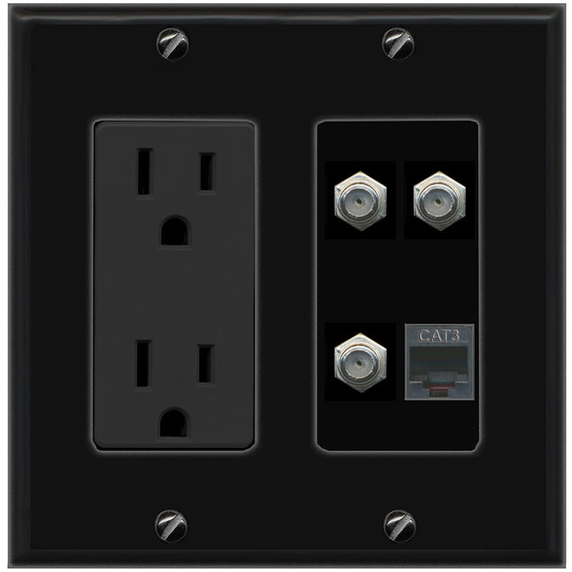 RiteAV 3 COAX PHONE Wall Plate with 15A Power Outlet [Black]