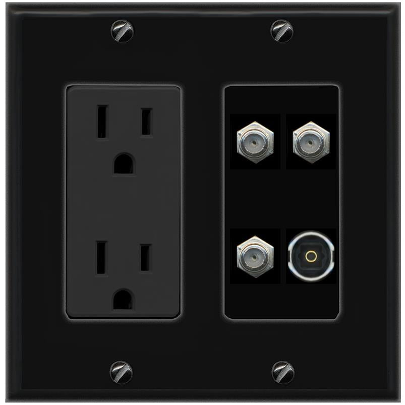 RiteAV 3 COAX TOSLINK Wall Plate with 15A Power Outlet [Black]