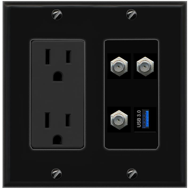 RiteAV 3 COAX USB-3 Wall Plate with 15A Power Outlet [Black]