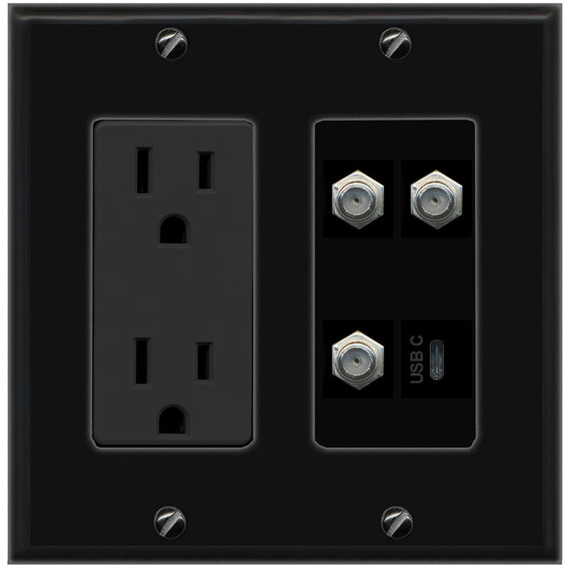 RiteAV 3 COAX USBC Wall Plate with 15A Power Outlet [Black]