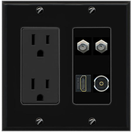 RiteAV 2 COAX HDMI TOSLINK Wall Plate with 15A Power Outlet [Black]