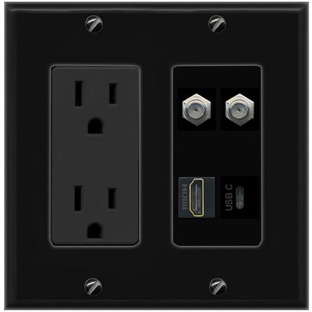 RiteAV 2 COAX HDMI USBC Wall Plate with 15A Power Outlet [Black]