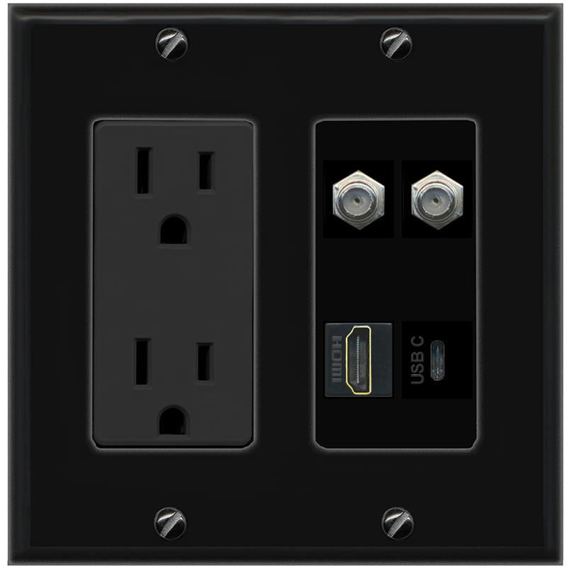 RiteAV 2 COAX HDMI USBC Wall Plate with 15A Power Outlet [Black]