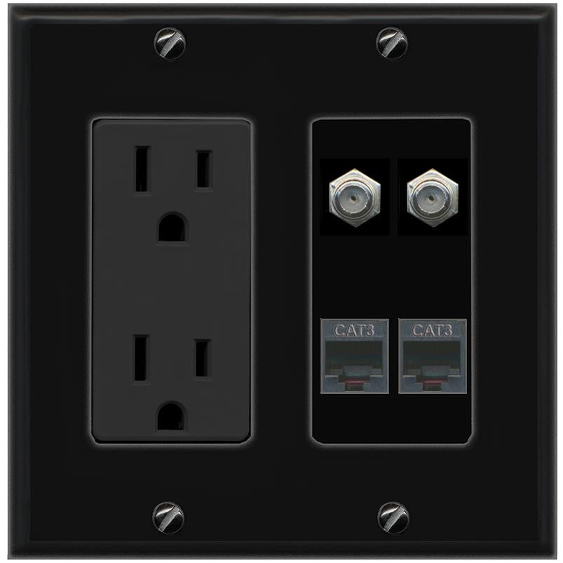 RiteAV 2 COAX 2 PHONE Wall Plate with 15A Power Outlet [Black]