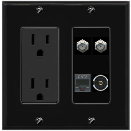 RiteAV 2 COAX PHONE TOSLINK Wall Plate with 15A Power Outlet [Black]