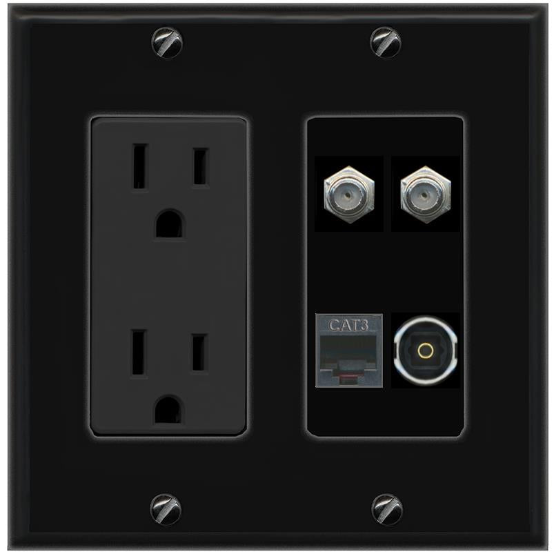 RiteAV 2 COAX PHONE TOSLINK Wall Plate with 15A Power Outlet [Black]