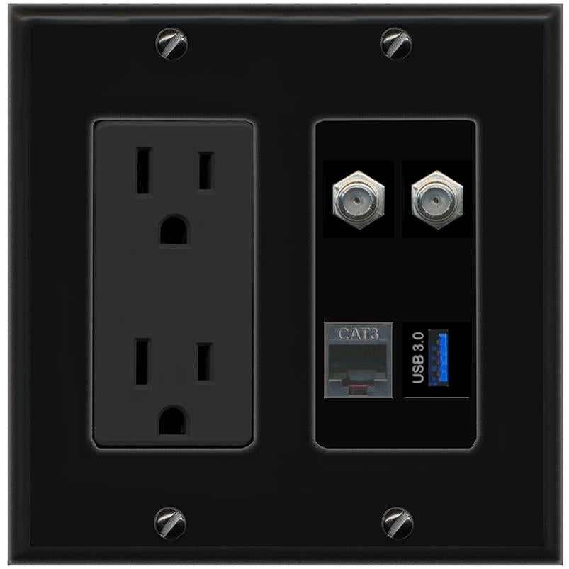 RiteAV 2 COAX PHONE USB-3 Wall Plate with 15A Power Outlet [Black]