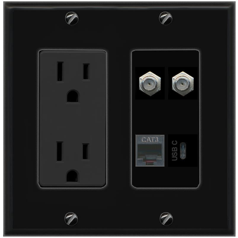RiteAV 2 COAX PHONE USBC Wall Plate with 15A Power Outlet [Black]